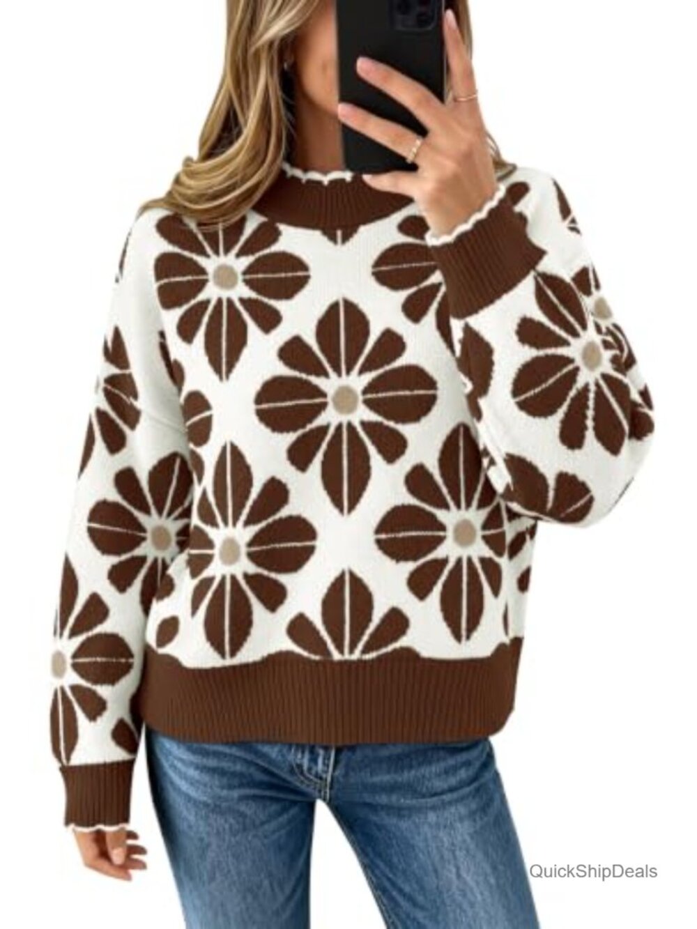 Saodimallsu Womens Mock Neck Floral Sweater Fall Knit Pullover Top